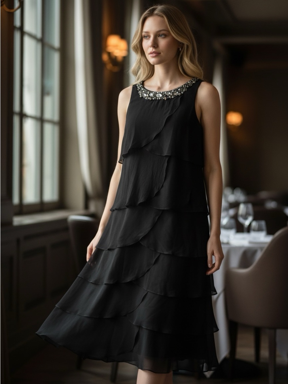 R&M Richards Black Tiered Midi Dress with Jeweled Neckline
